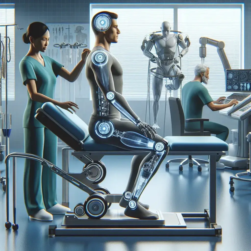"Robô assistindo fisioterapeuta na reabilitação pós-cirúrgica de paciente, ilustrando a influência da robótica na fisioterapia moderna."
