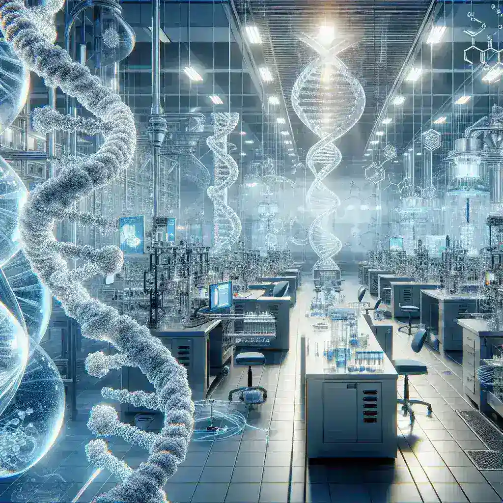 "Fotografia de laboratório nos EUA demonstrando a produção fotônica quântica utilizando DNA, ilustrando inovações em nanotecnologia e manufatura avançada."