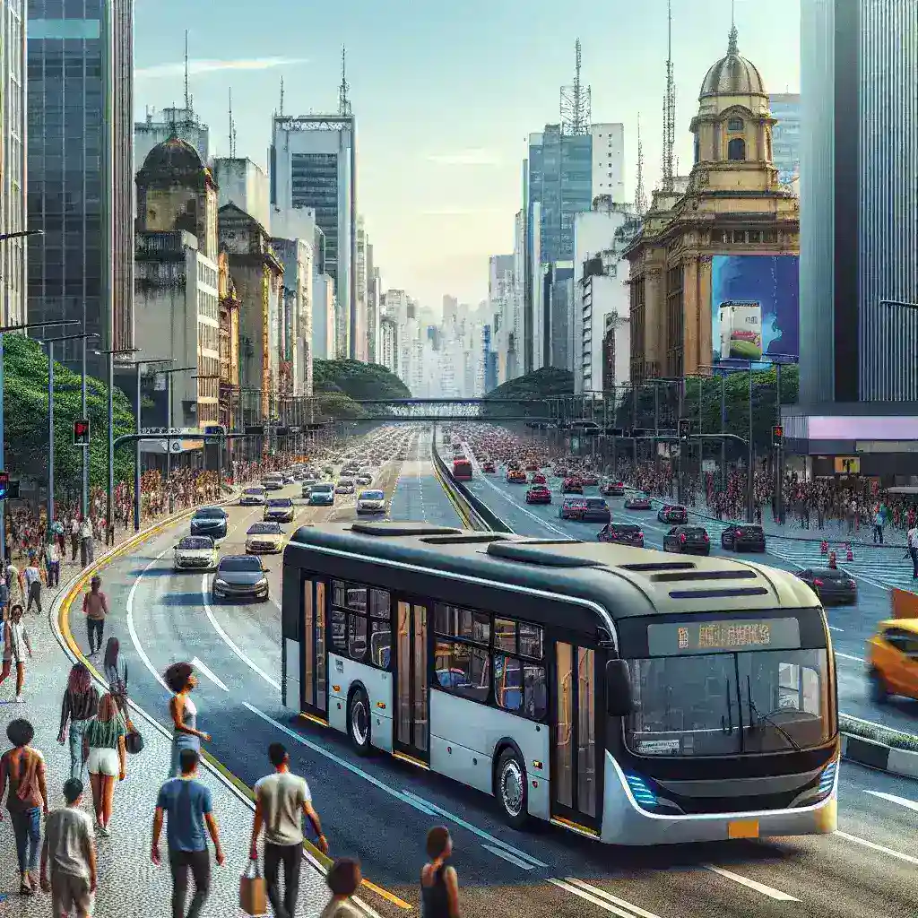 "São Paulo's hybrid bus project expansion: Eco-friendly public transportation initiative showcasing a green hybrid bus navigating through the city streets, promoting sustainable urban mobility."